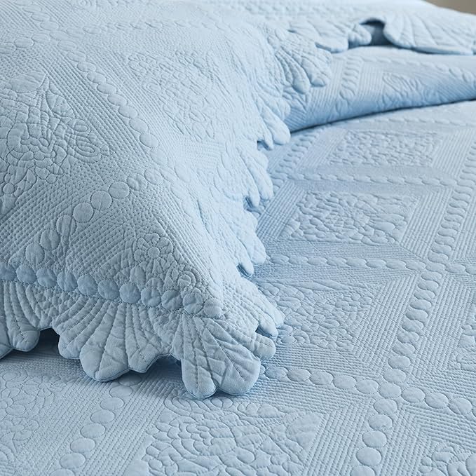 MarCielo 3-Piece 100% Cotton Oversized Bedspread Lightweight Quilt Coverlet Embroidery Farmhouse Bedding Set (TK Light Blue, Oversized King (118"x106"))