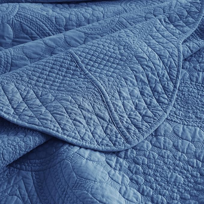 MarCielo 3-Piece 100% Cotton Oversized Bedspread Lightweight Quilt Coverlet Embroidery Farmhouse Bedding Set (Tf Midtone Blue, Oversized King (118"x106"))