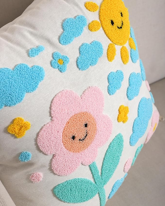 katre home madame & textile Throw Pillow Cover – Sun & Cloud Punch Needle Cushion 18x18 inch – Handmade Embroidered Boho Cotton Pillow for Couch, Bed or Nursery Room Decor