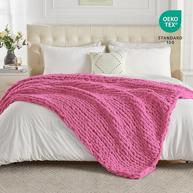 Carriediosa Chunky Knit Throw Blanket 60" X 80" Twin, 100% Hand Made Large Chenille Loop Yarn Soft Fluffy Throws for Couch Sofa Bed, Big Crochet Cozy Heavy Thick Cable Woven Blankets, Hot Pink