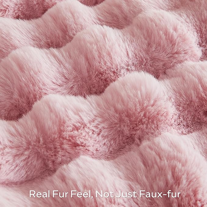 JELLYMONI Faux Fur Throw Blanket, Pink Fuzzy Cozy Plush Bubble Bed Blanket, Thick and Warm King Size (108" x 90")