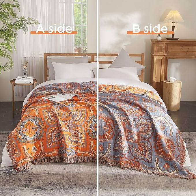 Boho Throw Blanket for Bed 80”x90”, 100% Cotton Woven Blanket for Couch Sofa, Ultra Soft 4-Layer Muslin Quilt with Vintage Floral Printed, Farmhouse Bed Blanket/Cover for Living Room Decor