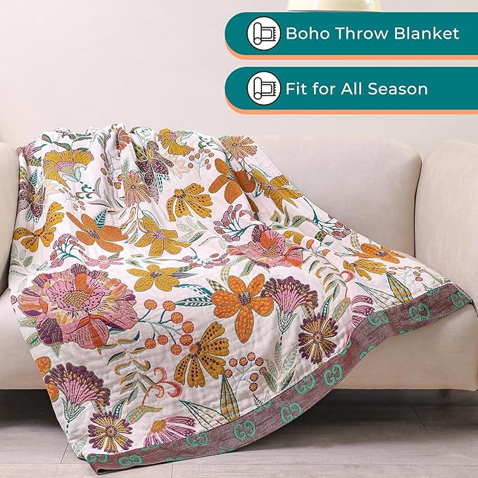 Premium Bed Throws- Boho Throw Blanket 80”x 90”,100% Cotton Ultra Soft Rustic Quilt Summer Blanket Travel Muslin Blanket Home Decor Large Bed Blankets All Season Throws for Women Mom