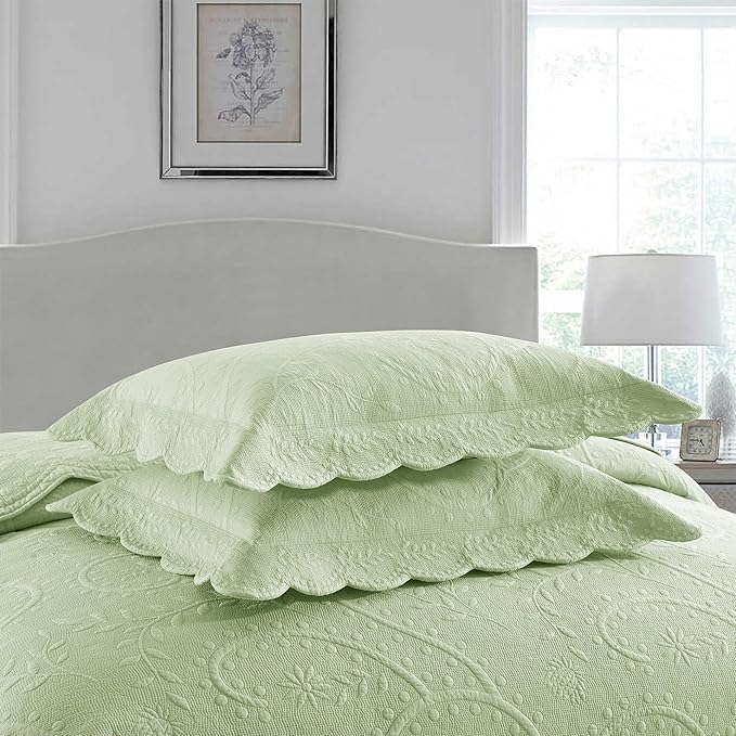 MarCielo 3-Piece 100% Cotton Oversized Bedspread Lightweight Quilt Coverlet Embroidery Farmhouse Bedding Set (TX Pale Green, Oversized King (118"x106"))