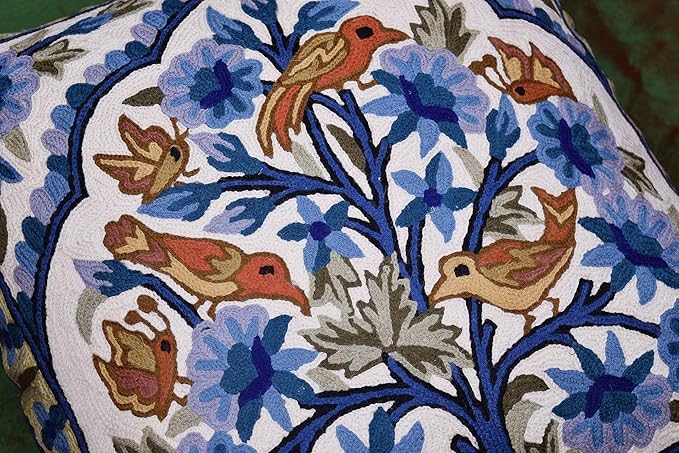 Blue Tree of Life Pillow Cover Blues Birds Floral Decorative Pillowcase Flower Outdoor Suzani Cushion Needlepoint Hand Embroidered Wool Size - 18x18