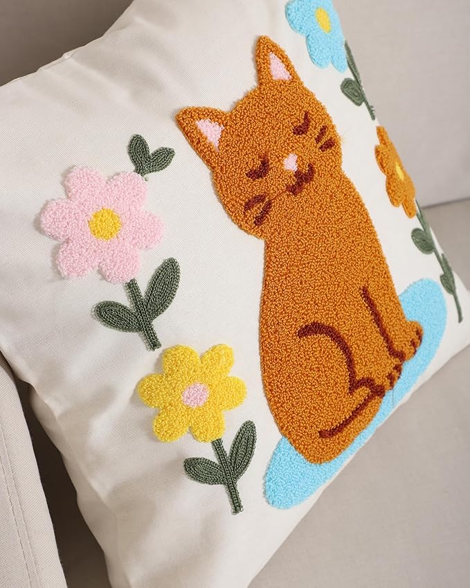 katre home madame & textile Cat Throw Pillow Cover – 100% Cotton Embroidered Decorative Cushion Case 18x18 – Handmade Punch Needle Pillow for Sofa, Bed, Couch or Gift for Cat Lovers
