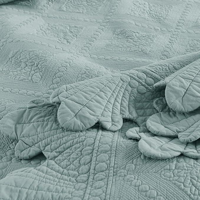 MarCielo 3-Piece 100% Cotton Oversized Bedspread Lightweight Quilt Coverlet Embroidery Farmhouse Bedding Set (Tk Aqua Green, Oversized King (118"x106"))