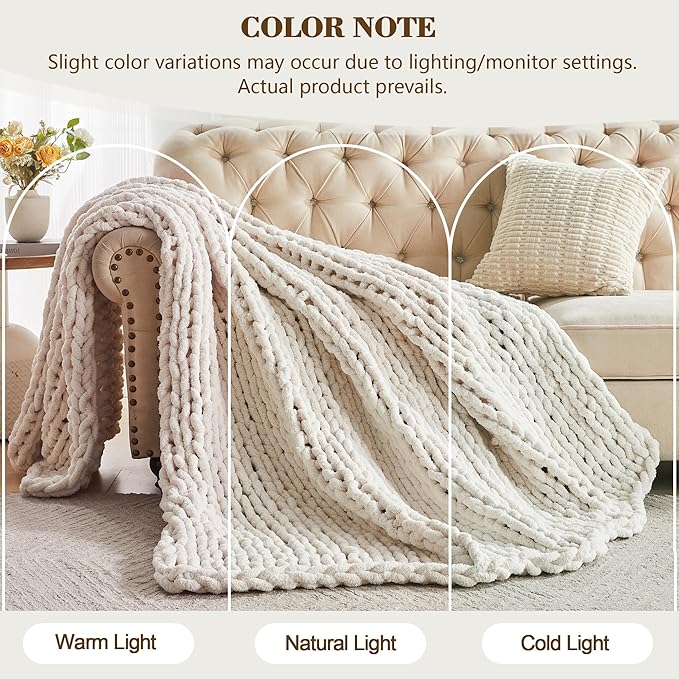 Carriediosa Chunky Knit Throw Blanket 50" X 60", 100% Hand Made Large Chenille Loop Yarn Soft Fluffy Throws for Couch Sofa Bed, Big Crochet Cozy Heavy Thick Cable Woven Blankets, Cream White