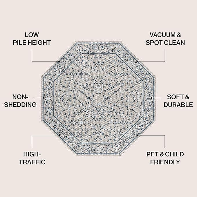 JONATHAN Y Vintage Filigree Indoor Outdoor Octagon Area Rug 8 Ft Gray/Navy, Charleston Textured Weave for Backyard, Patio, Porch, Easy-Cleaning, High Traffic, Pet-Friendly, Non-Shedding SMB106C-8TGN