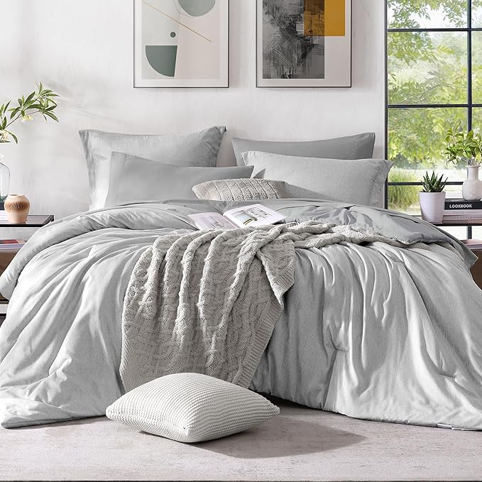 Monbix Queen Comforter Set - 7 Pieces Cationic Dyeing Light Grey Bed in a Bag Queen Bedding Sets with Comforter, Sheets, Pillowcases & Shams, Reversible Bedding Comforters Sets