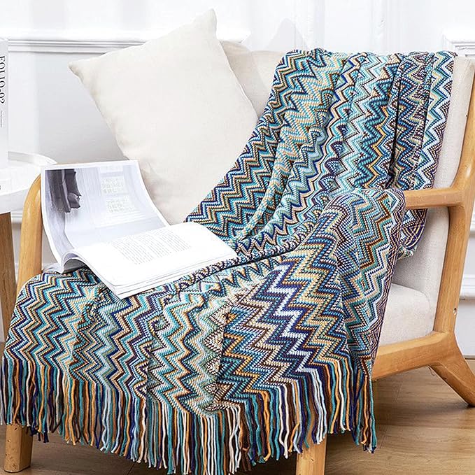 Boho Throw Blanket - Bohemian Fringe Tassels， for Bed Couch Soft ChairBlanket Double Sided (50"x70") (Blue)