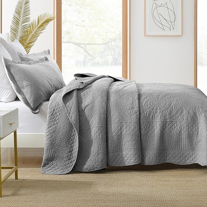 MarCielo 3-Piece 100% Cotton Oversized Bedspread Lightweight Quilt Coverlet Embroidery Farmhouse Bedding Set (Tf Light Grey, Oversized Queen (100"x106"))