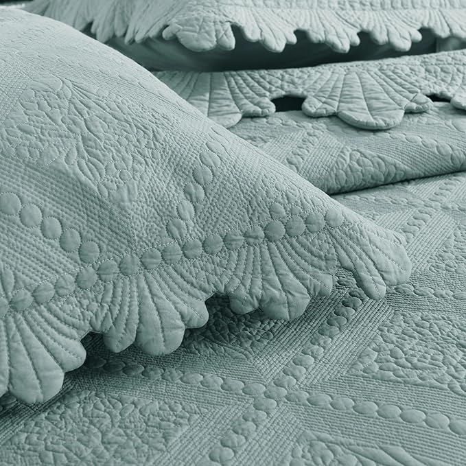 MarCielo 3-Piece 100% Cotton Oversized Bedspread Lightweight Quilt Coverlet Embroidery Farmhouse Bedding Set (Tk Aqua Green, Oversized King (118"x106"))