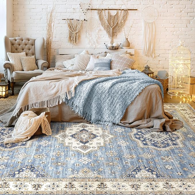 Washable Area Rugs for Living Room - 6x9 Neutral Vintage Distressed Floral Farmhouse Boho Large Soft Floor Rug Indoor Non Slip Carpet for Living Room Bedroom Dining Room Office - Blue