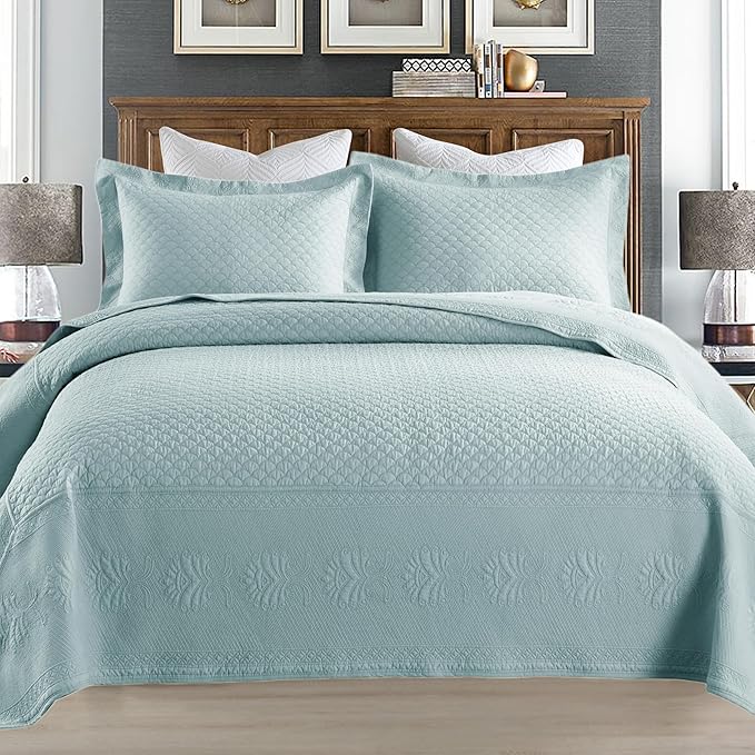 MarCielo 3-Piece 100% Cotton Oversized Bedspread Lightweight Quilt Coverlet Embroidery Farmhouse Bedding Set (TM Mint Green, Oversized King (118"x106"))