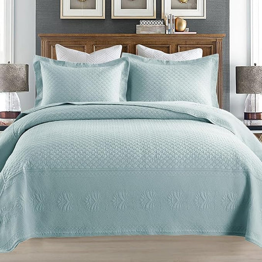 MarCielo 3-Piece 100% Cotton Oversized Bedspread Lightweight Quilt Coverlet Embroidery Farmhouse Bedding Set (TM Mint Green, Oversized King (118"x106"))