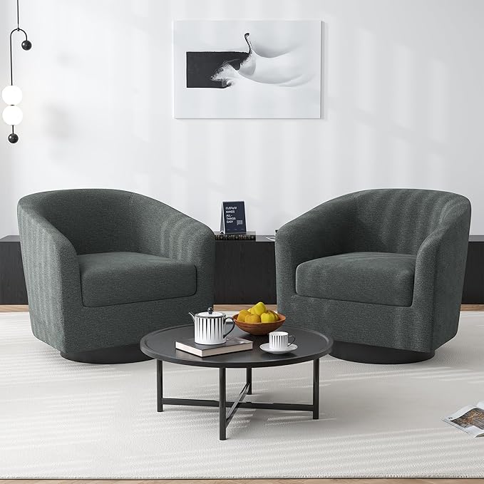 Swivel Barrel Accent Chair, Modern Round Chenille Fabric Arm Chair for Living Room, Bedroom, Comfy Club Reading Chairs for Adults（Chenille Fabric, Grey, Set of 4