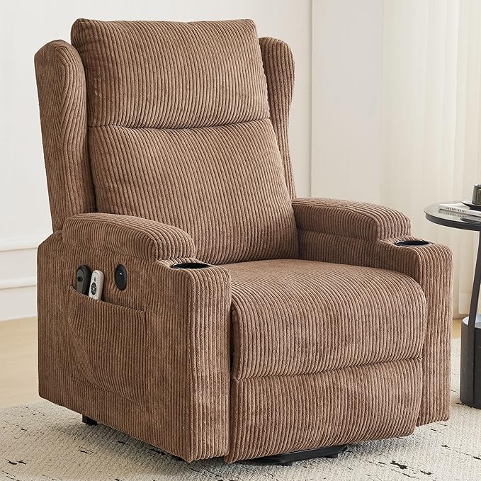 Lift Recliner Chair for Adults with Massage and Heating, Power Lift Recliner Chairs for Elderly, Corduroy Fabric Reclining Chair with USB &Type-C Port, Cup Holders, L6111 (Brown)