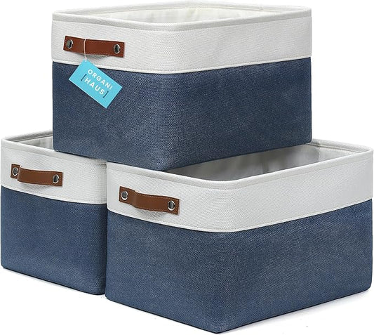 OrganiHaus Large Fabric Storage Bins for Shelves 3 Pack, 15x11in Closet Storage Bins for Shelves, Cloth Baskets & Closet Organizers, Fabric Basket, Navy Blue/White