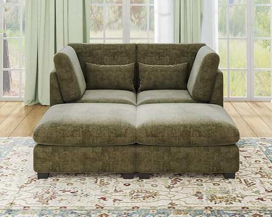 Oversized Modular Sofa, Extra Deep Cloud Chenille Sectional Couch with Ottoman Chaise, Fluffy Chenille 2 Seater Sofa Bed for Living Room, Villa (Sofa Bed 4 Seater, Chenille Green)