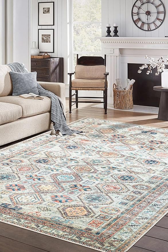 Keen Home Design 8x10 Rug - Machine Washable Area Rug with Non-Slip Backing, Ideal for Living Room, Dining Room, Bedroom - Vintage, Easy Clean, Durable, Low Pile Rug - (8' x 10')
