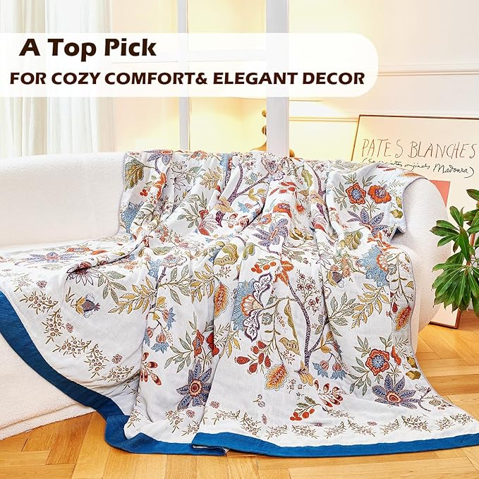 Boho Throw Blanket, 100% Organic Cotton Breathable Ultra Soft Bed Quilt Throw - All Season Floral Bird Butterfly Farmhouse Decor Blanket for Sofa Couch Chair and Gift. 60" x 80"