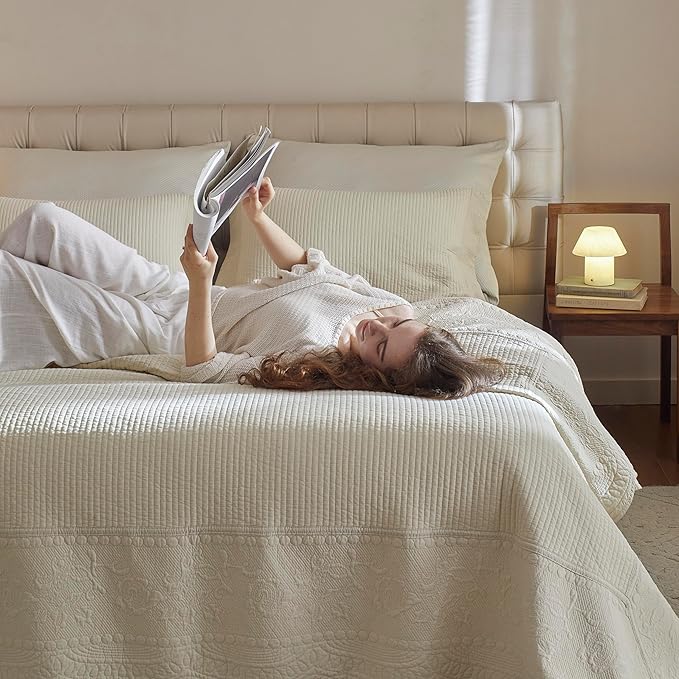 MarCielo 3-Piece 100% Cotton Oversized Bedspread Lightweight Quilt Coverlet Embroidery Farmhouse Bedding Set (TG Yellowish Beige, Oversized King (118"x106"))