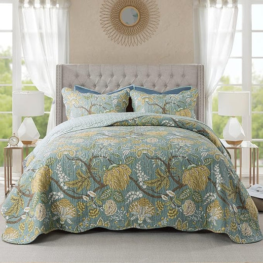 NEWLAKE Cotton Bedspread Quilt Sets-Reversible Patchwork Coverlet Set, Green Floral Pattern, Queen Size