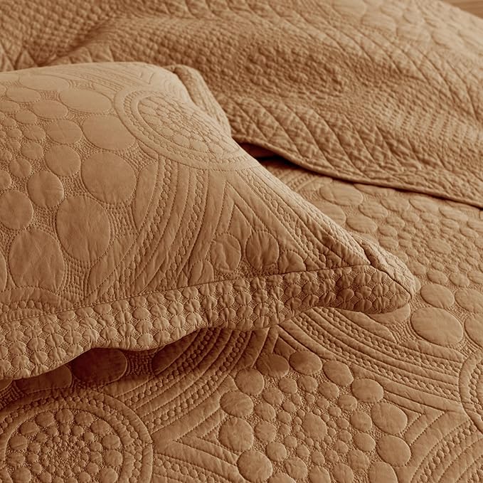 MarCielo 3-Piece 100% Cotton Oversized Bedspread Lightweight Quilt Coverlet Embroidery Farmhouse Bedding Set (Tf Dusty Orange, Oversized Queen (100"x106"))