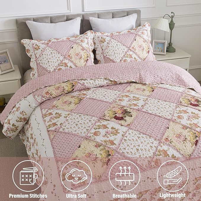 NEWLAKE Quilt Set King Size, Bedspread Sets Pink Botanical Floral, Reversible Quilt Bedding Set Lightweight and Breathable for All Seasons, Soft Quilted Bedspread with 2 Pillow Shams