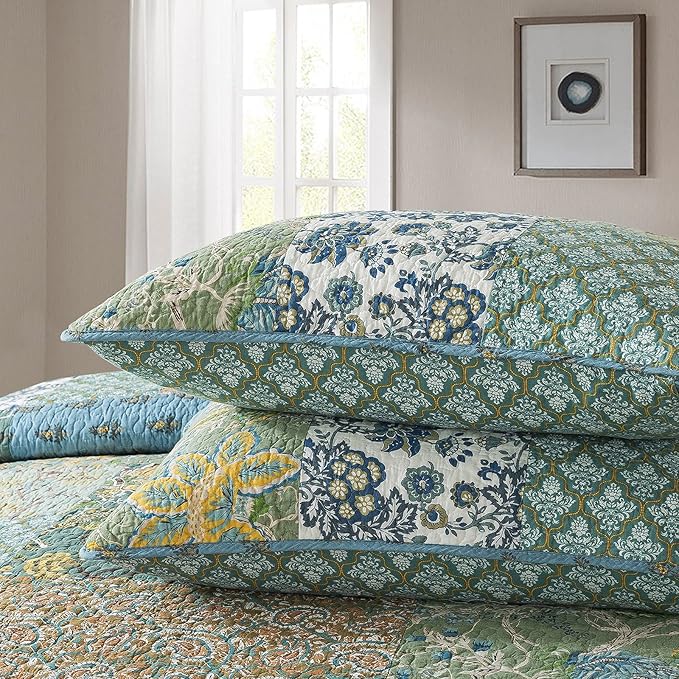NEWLAKE Cotton Patchwork Bedspread, 3-Piece Bedding Quilt Set with Real Stitched Embroidery, Reversible Matelasse Bed Coverlet Set,Green Farmhouse Garden,King Size