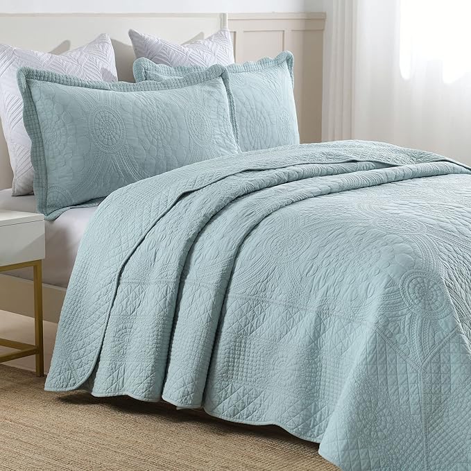 MarCielo 3-Piece 100% Cotton Oversized Bedspread Lightweight Quilt Coverlet Embroidery Farmhouse Bedding (Tf Aruba Blue, Oversized King (118"x106"))