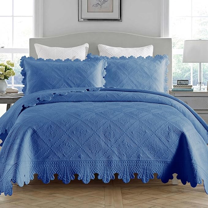 MarCielo 3-Piece 100% Cotton Oversized Bedspread Lightweight Quilt Coverlet Embroidery Farmhouse Bedding Set (Tk Midtone Blue, Oversized Queen (100"x106"))