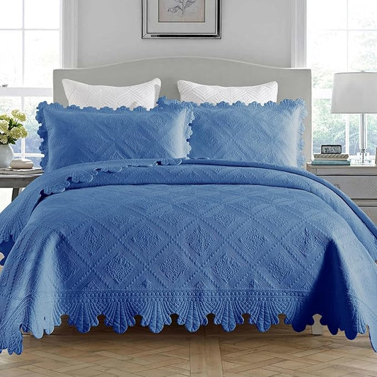 MarCielo 3-Piece 100% Cotton Oversized Bedspread Lightweight Quilt Coverlet Embroidery Farmhouse Bedding Set (Tk Midtone Blue, Oversized Queen (100"x106"))