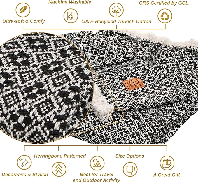 Gold Case Throw Blanket for Couch - 100% Recycled Turkish Cotton Blankets & Throws - Retro Soft Throw Blankets for Living Room Sofa - Boho Decorative Woven Throws for Couch - 60x80 - Black