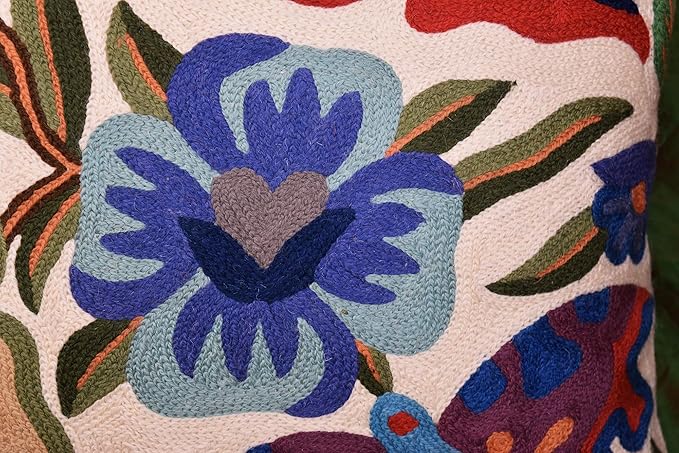 Butterfly Floral Decorative Pillow Cover Moth Botanical Flower Pillowcase Couch Hand Embroidered Flowery Outdoor Cushion Chair Suzani Accent Wool 18x18 Inch