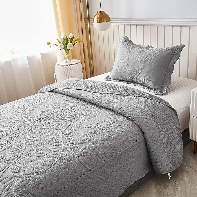 MarCielo 3-Piece 100% Cotton Oversized Bedspread Lightweight Quilt Coverlet Embroidery Farmhouse Bedding Set T0 (Light Grey, Twin (68"x86"))