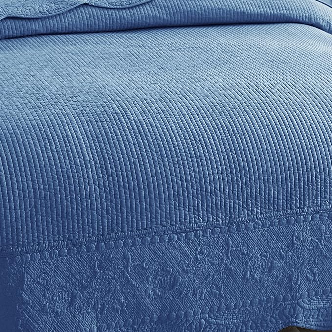 MarCielo 3-Piece 100% Cotton Oversized Bedspread Lightweight Quilt Coverlet Embroidery Farmhouse Bedding Set (TG Midtone Blue, Oversized King (118"x106"))