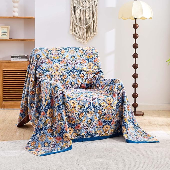 Boho Throw Blanket for Bed, 100% Cotton Soft Rustic Quilt Fall Blanket, 50"x60" Floral Printed Farmhouse Decor Bed Blankets, All Season Rustic Reversible Bohemian Throw Quilt