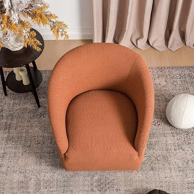 KINWELL 32" Wide Swivel Boucle Accent Chair Armchair, No Assembly Mid-Century Modern Round Upholstered Barrel Chair for Living Room, Bedroom, Office (Caramel)