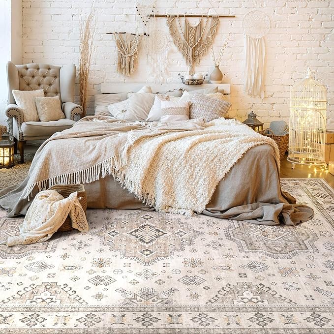 Washable Area Rugs for Living Room -10x13 Neutral Vintage Distressed Floral Farmhouse Boho Large Soft Floor Rug Indoor Non Slip Carpet for Living Room Bedroom Dining Room Office-Beige Brown