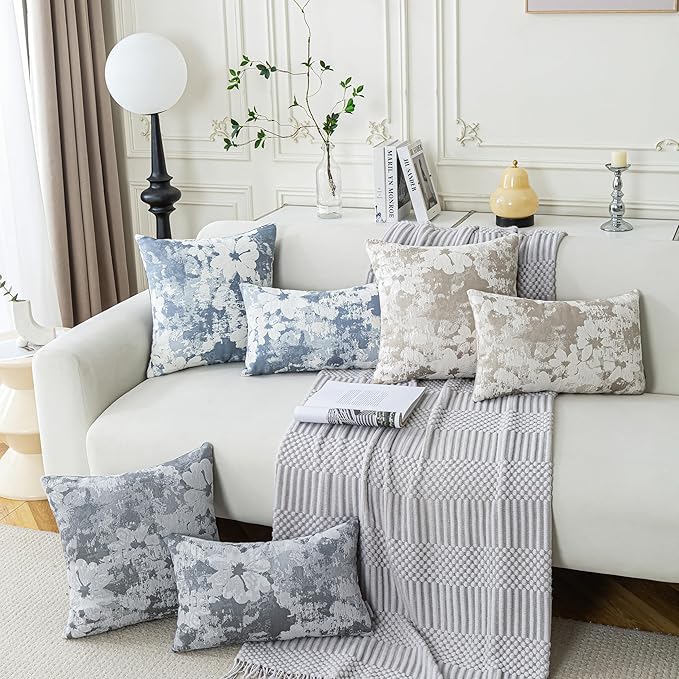 Jacquard Throw Pillow Covers 12x20 Inch Set of 2 - Vintage Floral Boho Pillow Cases with Botanical Pattern | Farmhouse Decor for Couch Living Room | Soft Textured Neutral Trio Dusty Blue 12" x 20"