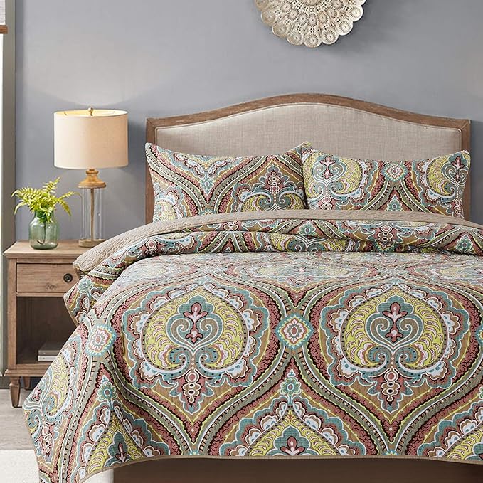 NEWLAKE Cotton Bedspread Quilt Sets-Reversible Patchwork Coverlet Set, European Paisley Blossom Pattern, King Size