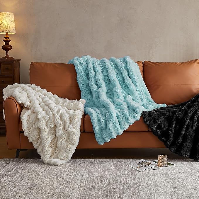 JELLYMONI Faux Fur Throw Blanket, Blue Cozy Plush Bubble Bed Blanket, Thick and Warm, Queen (90" x 90")