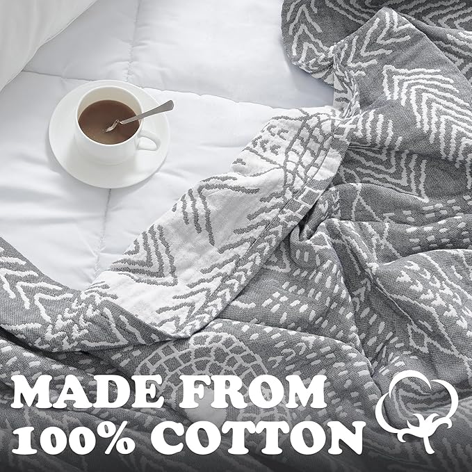 JINCHAN Boho 100% Cotton Muslin Blanket 3-Layer Twin Size Geometric Lightweight Reversible Soft Cozy Throw for Couch Sofa Bed All Season Coverlet Ideal Gift Bedroom Living Room Decor Grey 60x80 Inches