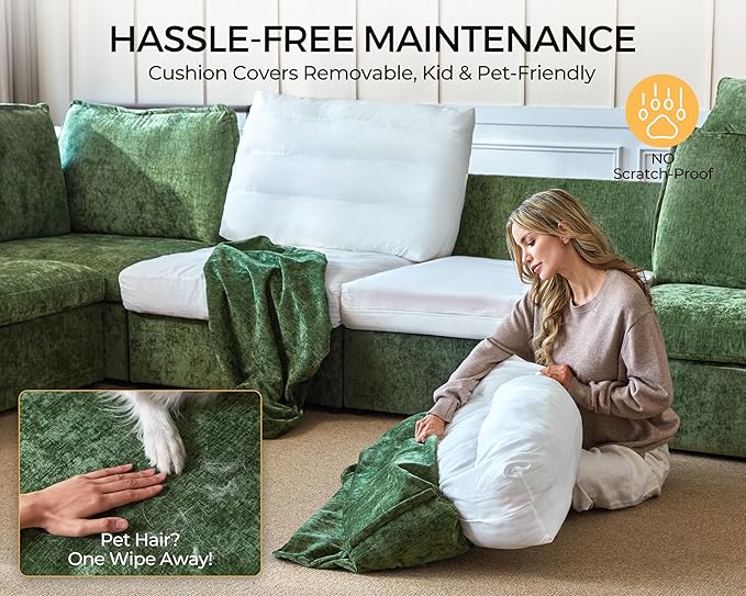 Oversized Modular Sofa Comfy Cloud Couch with Storage, Extra Deep Plush Sectional Sofa Set for Living Room, Covers Washable, Chenille, Olar (Green, 6-Seater with 2 Corners, u-Shaped)