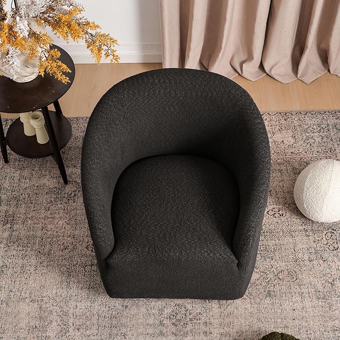 KINWELL 32" Wide Modern Boucle Swivel Barrel Chair, No Assembly Round Upholstered Swivel Accent Armchair for Living Room, Bedroom, Office (Black)