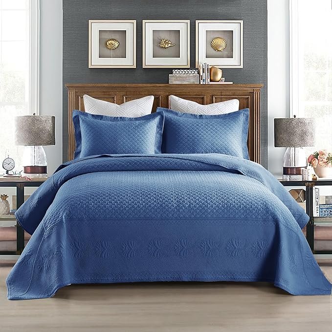 MarCielo 3-Piece 100% Cotton Oversized Bedspread Lightweight Quilt Coverlet Embroidery Farmhouse Bedding Set (TM Midtone Blue, Oversized King (118"x106"))