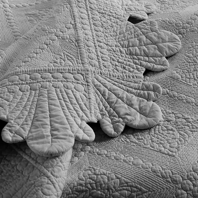 MarCielo 3-Piece 100% Cotton Oversized Bedspread Lightweight Quilt Coverlet Embroidery Farmhouse Bedding Set (Tk Light Grey, Oversized Queen (100"x106"))