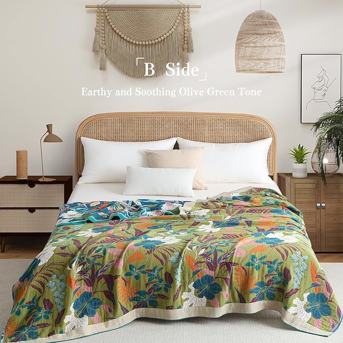 Boho Throw Blanket Twin Size, Soft Cozy Cotton Muslin Quilt Blanket for Bed Decor, Floral Patterned Couch Sofa Chair Cover, Vintage Farmhouse Cottage Tapestry Woven Blanket, Teal&Green